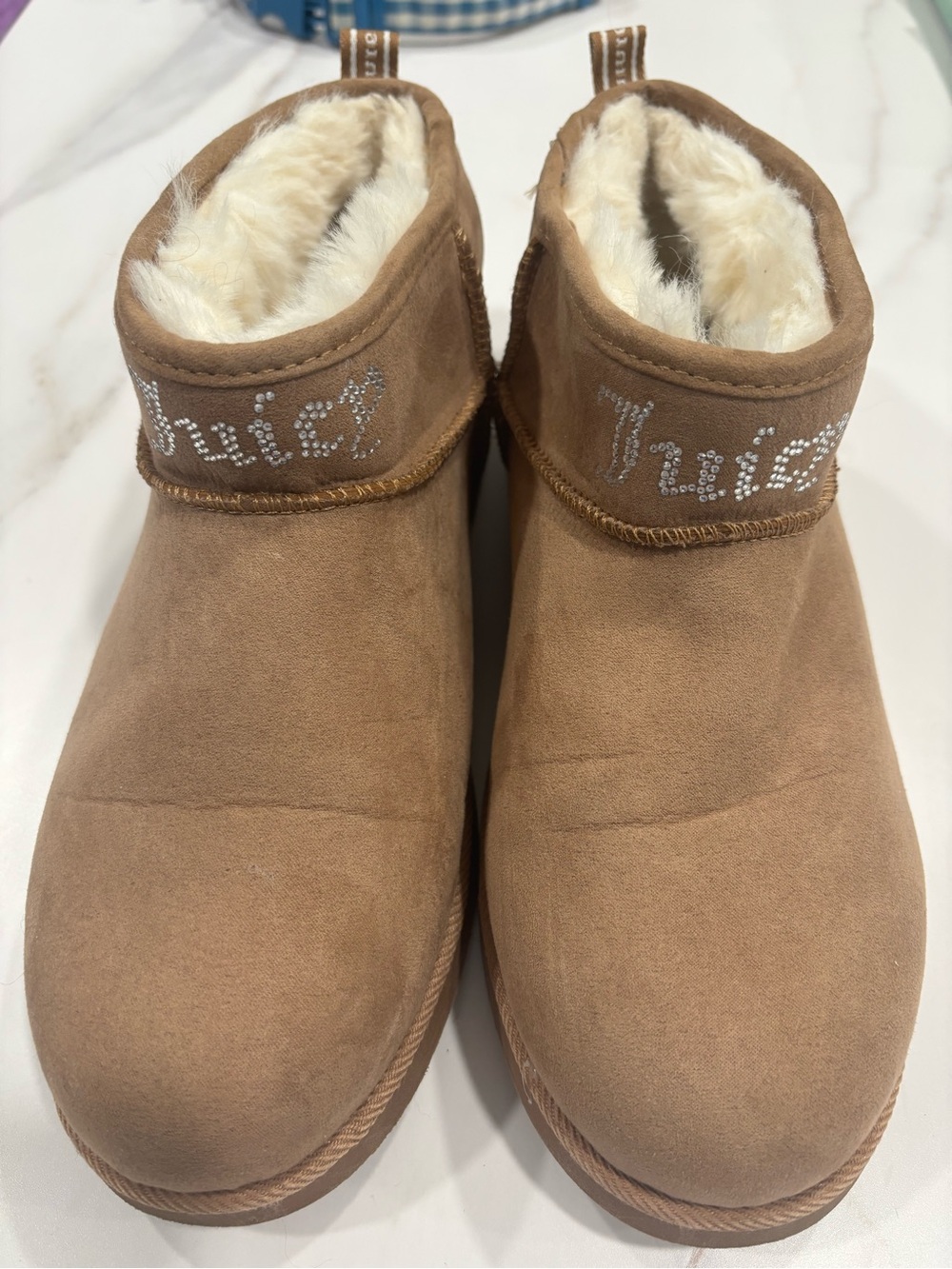 Juicy Couture Tan Faux-Shearling Slip-On Booties